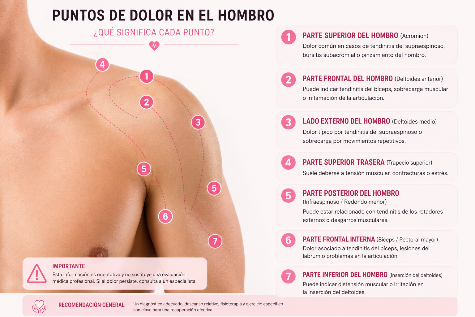 "Diagrama anatómico del hombro con 8 puntos de dolor numerados y patologías asociadas — Ada Simó Fisioterapia Dénia"